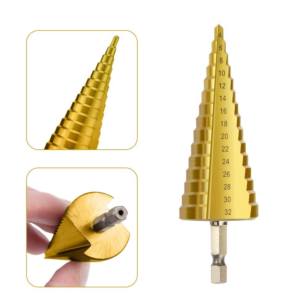 Metric Step Drill Set,Zhushan High-Speed Steel Shank Titanium Step Drill Bits for Sheet Metal Hole Drilling
