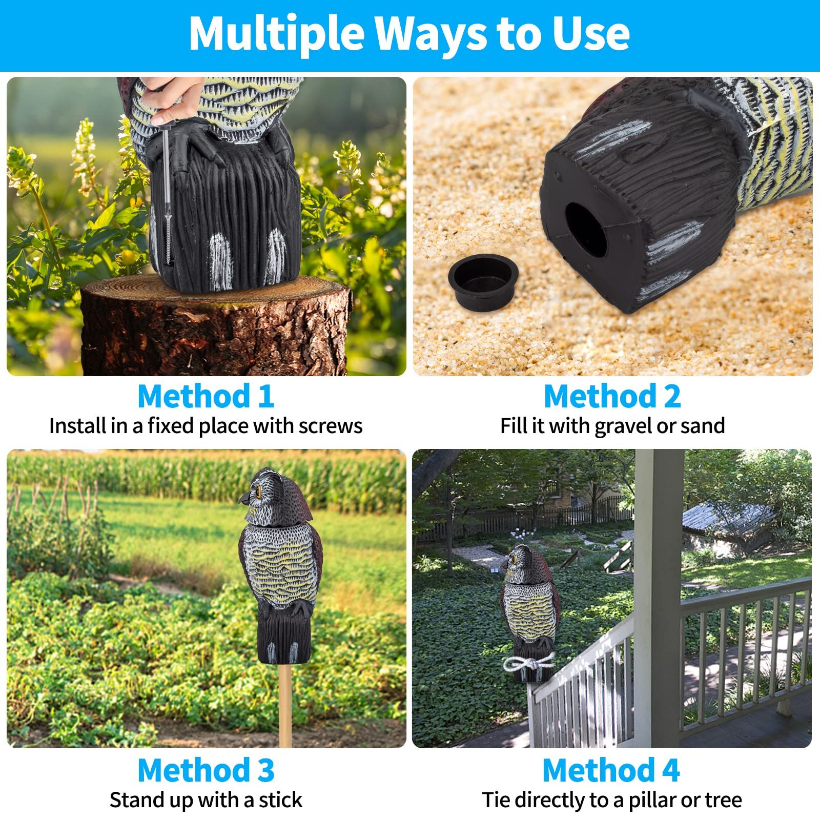 Decoys to Scare Birds Squirrels Away,Owls to Frighten Birds Rotating Head,Plastic Owl Decoy to Scare Birds Away Deterrent