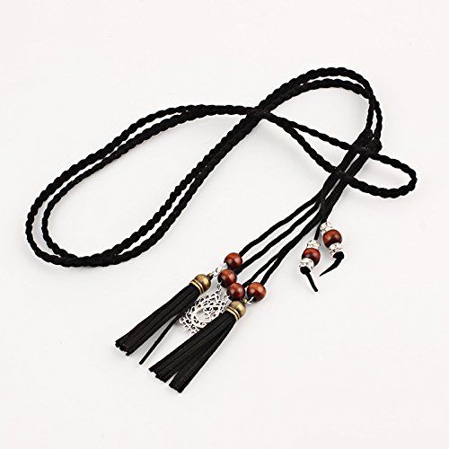 Exotic Women Waist Belt/Rope/Chain with Tassel and Beads Boho Wrap Skinny Belt for Skirt Dress Stretchy leather