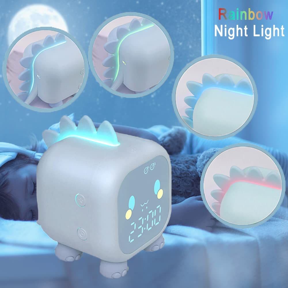 Kids Alarm Clock Dinosaur Design Soft Colorful Lights Digital Alarm Clock Blue