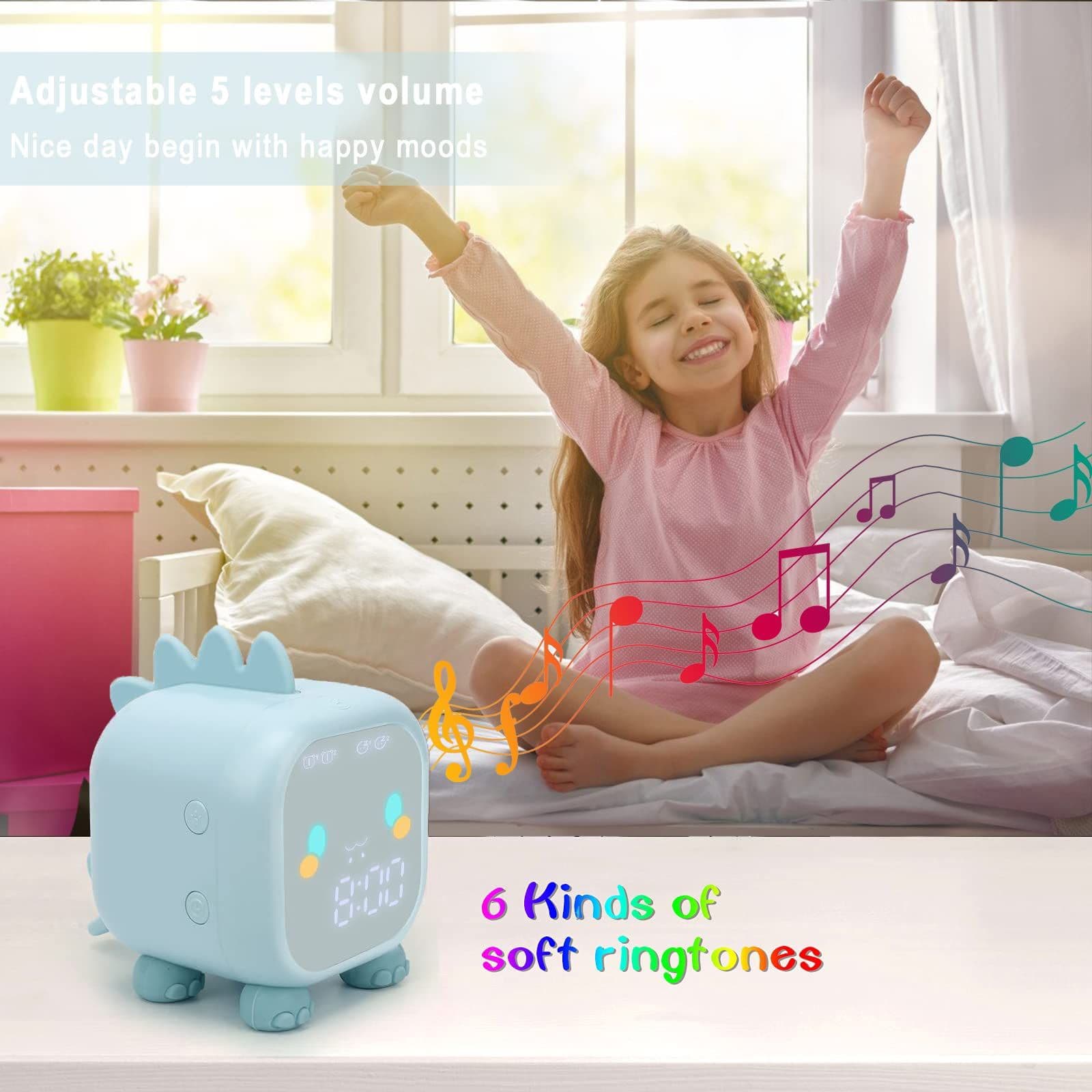 Kids Alarm Clock Dinosaur Design Soft Colorful Lights Digital Alarm Clock Blue