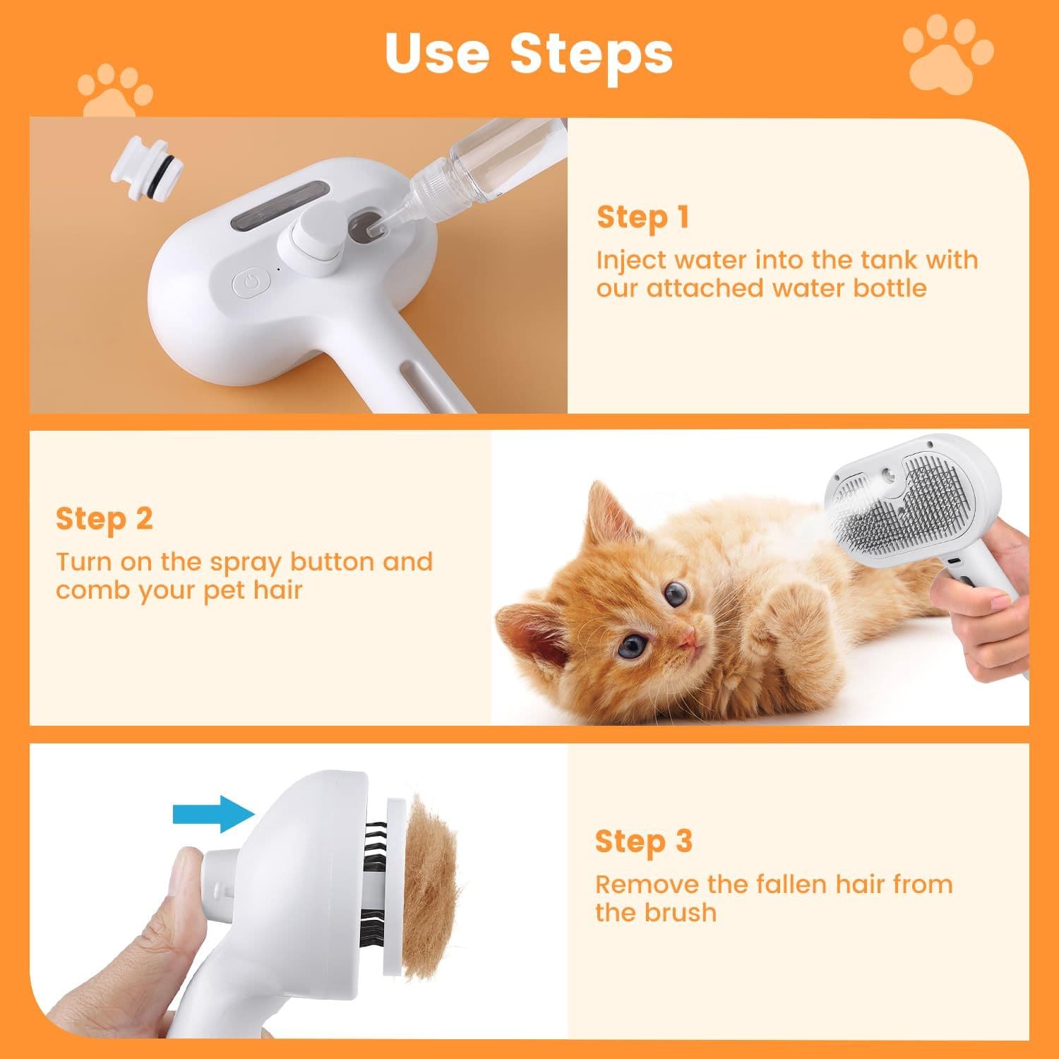 Cat Steam Brush for Shedding Innovative Spray Feature Self-Cleaning Design for Long & Short Haired Cats & Dogs