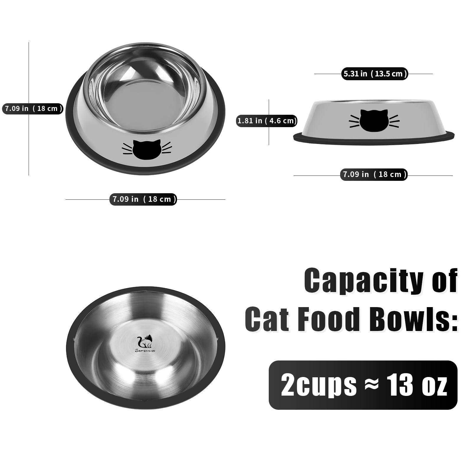 Cat bowl anti slip stainless steel cat food bowl not broken, thickened cat feeder 7 ounces suitable for indoor pets