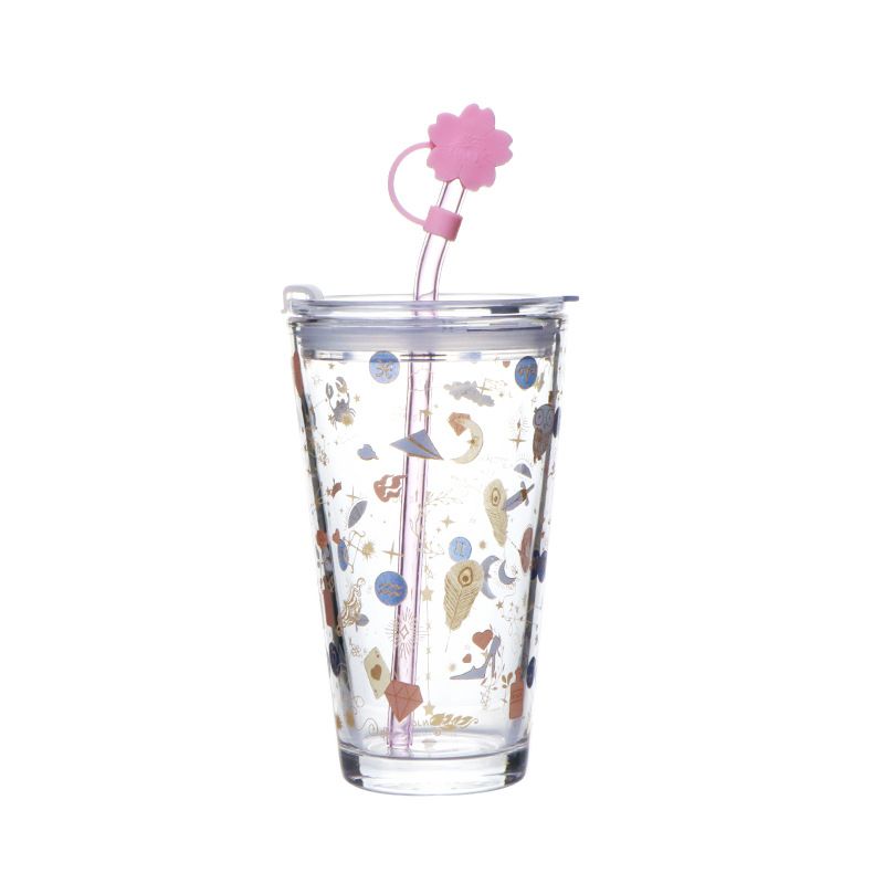 Lovely Clear Glass Tumblers with Lid and Straw, Large Capacity Breakfast Milk Cup, Juice Cup-Constellation