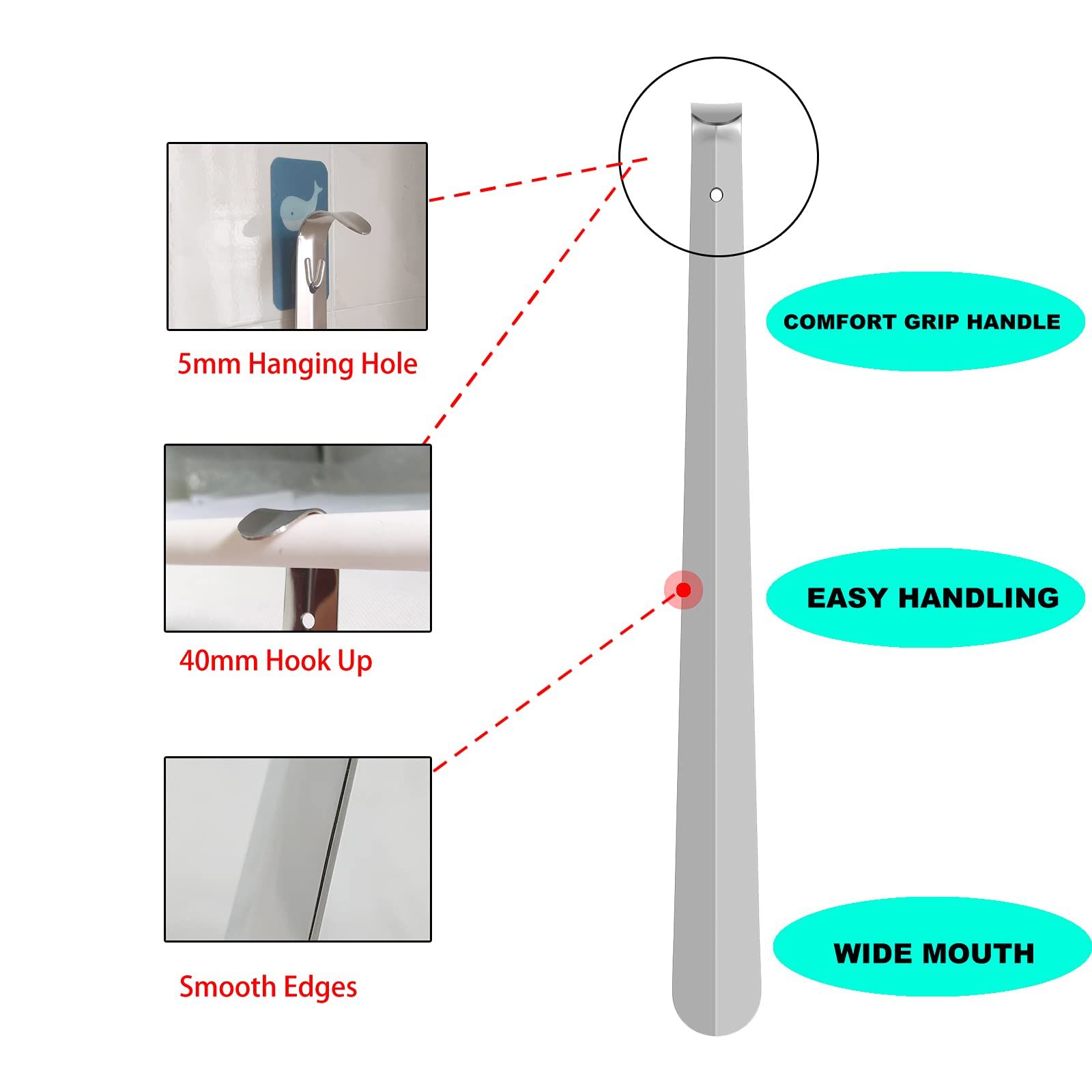 Shoe Horn Long Handle for Seniors,16.5" Long Metal Shoehorns for Men Women Kids,Travel Stainless Steel Shoe Horn Shoe Slip on Tool