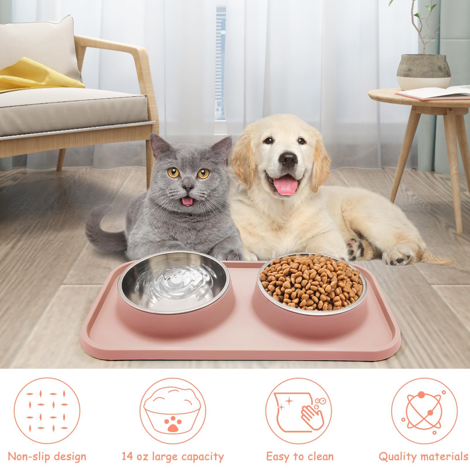 Double Dog Food Bowls Stainless Steel Dog Food and Water Bowls with Non-Spill Plastic Mat Pet Cat Feeder Bowl Set for Puppy