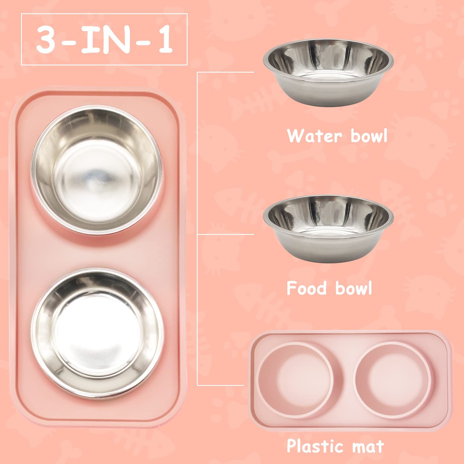 Double Dog Food Bowls Stainless Steel Dog Food and Water Bowls with Non-Spill Plastic Mat Pet Cat Feeder Bowl Set for Puppy