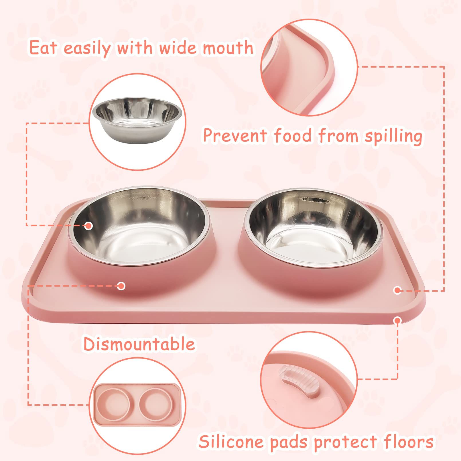 Double Dog Food Bowls Stainless Steel Dog Food and Water Bowls with Non-Spill Plastic Mat Pet Cat Feeder Bowl Set for Puppy