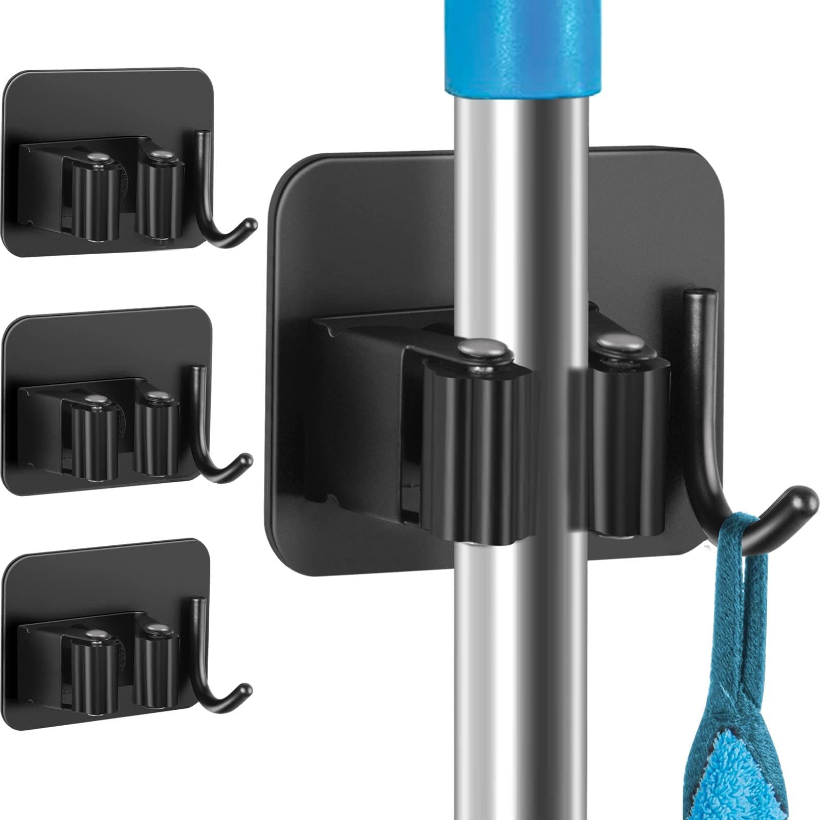 4 Pack Anti-Slip Broom Holder, Space-Saving, Damage-Free Wall Mount, Stainless Steel, Broom holder comes with Black