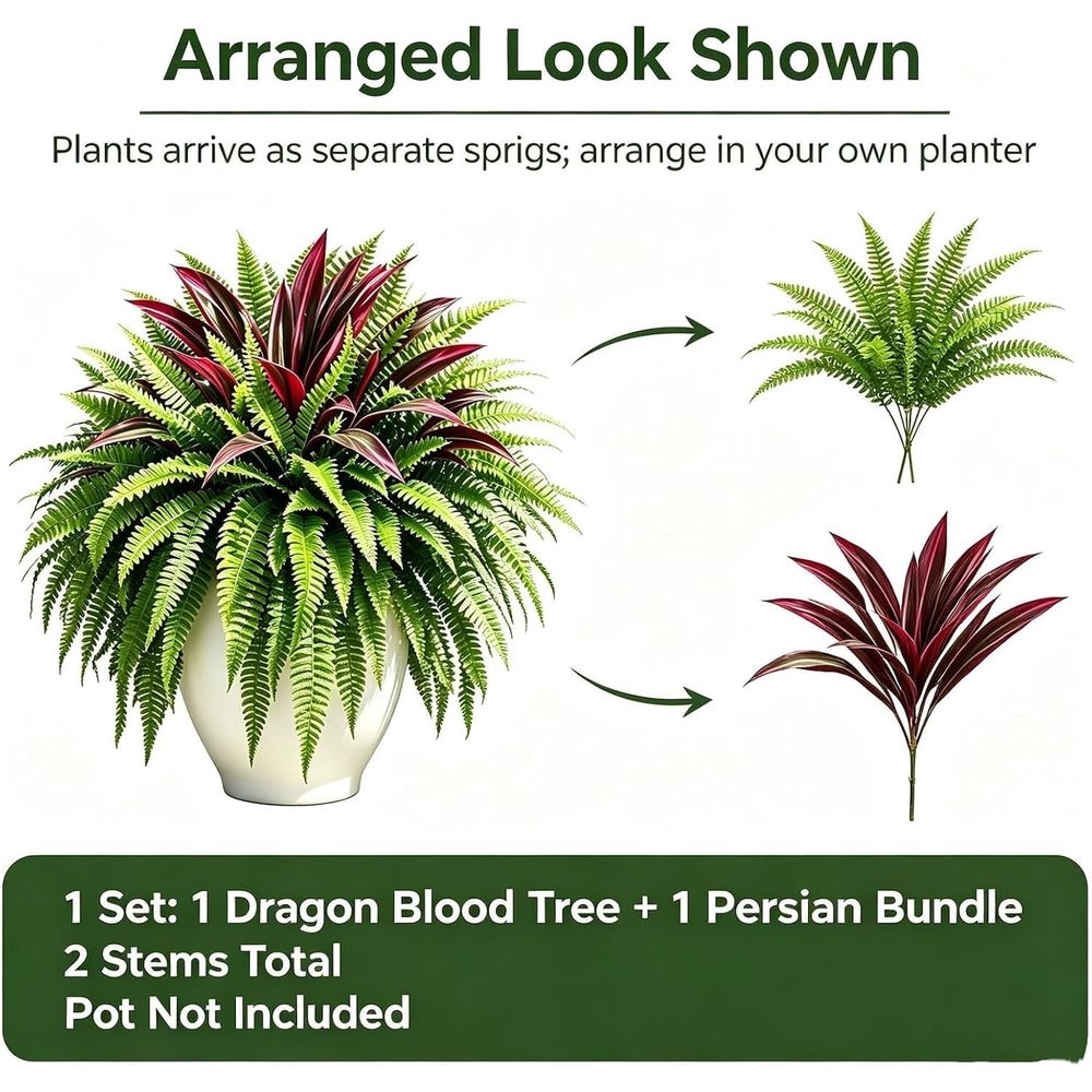 UV-Resistant Artificial Fern & Red Dracaena Decorative Plants,Fade-Resistant, Full & Lush, Indoor Decor, Large Size