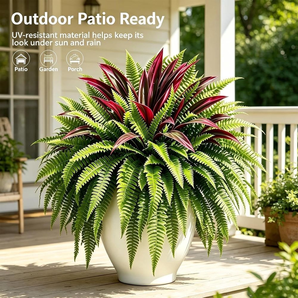 UV-Resistant Artificial Fern & Red Dracaena Decorative Plants,Fade-Resistant, Full & Lush, Indoor Decor, Large Size