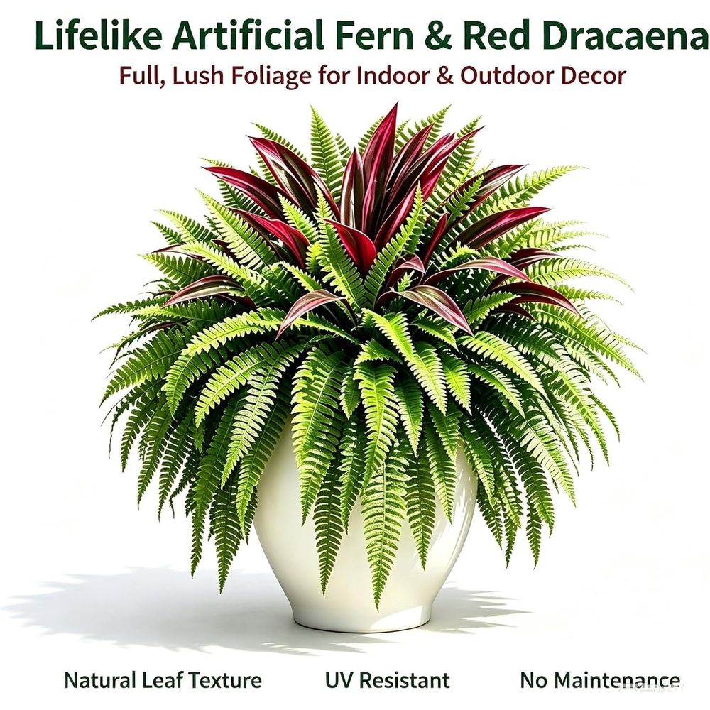 UV-Resistant Artificial Fern & Red Dracaena Decorative Plants,Fade-Resistant, Full & Lush, Indoor Decor, Large Size