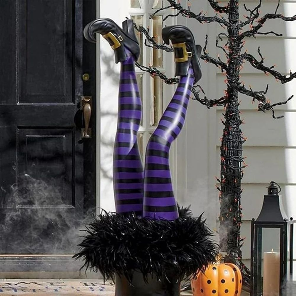 Halloween Witch Legs Yard Stake, 3D Windproof Outdoor Lawn Garden Decor With Metal Stake, 15 Inch, Purple Stripe
