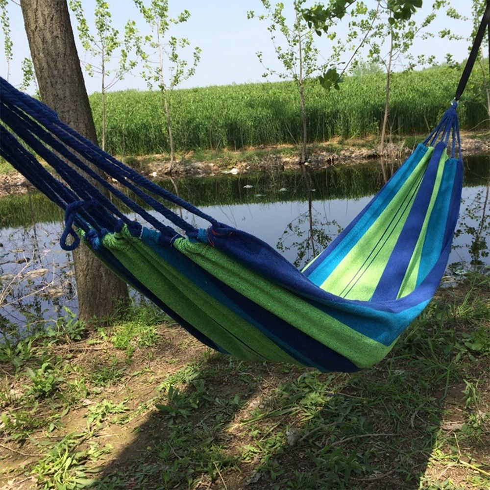 Garden Hammock Polyester Cotton Single Double Hammock Up to 440.9lb Anti Rollover Portable Hammock for Camping Outdoor Indoor Patio Backyard Blue Green
