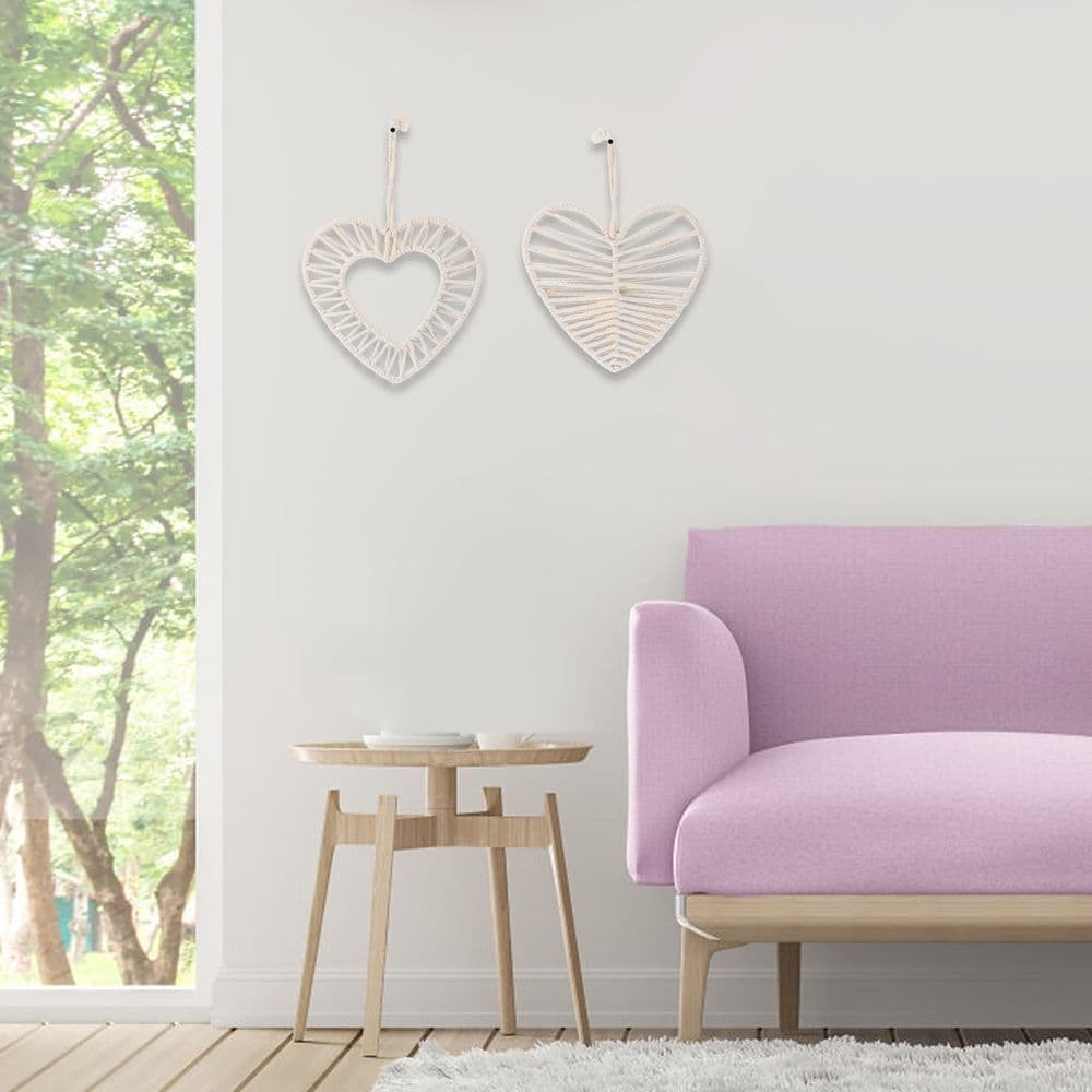 Boho Hanging Wall Decor Set 2 Pieces Beige Cotton Rope Heart Shapes