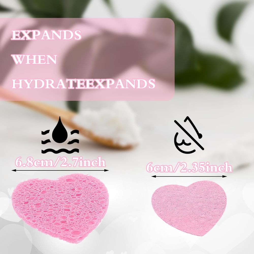 50 Pcs Compressed Cellulose Heart Shape Face Facial Sponges Natural Cosmetic Sponges for Facial Cleansing Exfoliating Mask Skin Massage, Pink