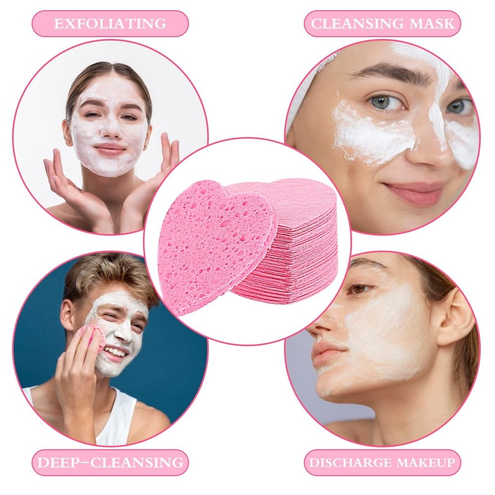 50 Pcs Compressed Cellulose Heart Shape Face Facial Sponges Natural Cosmetic Sponges for Facial Cleansing Exfoliating Mask Skin Massage, Pink