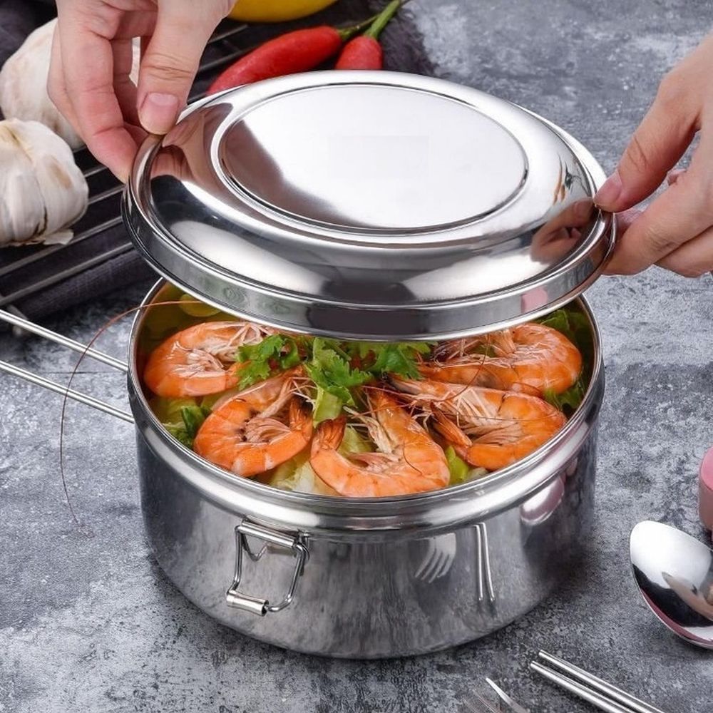 Stainless Camping Bowls With Locking Lid Camping Cook Pot Folding Handle Round Lunch Box Stainless Camping Pot