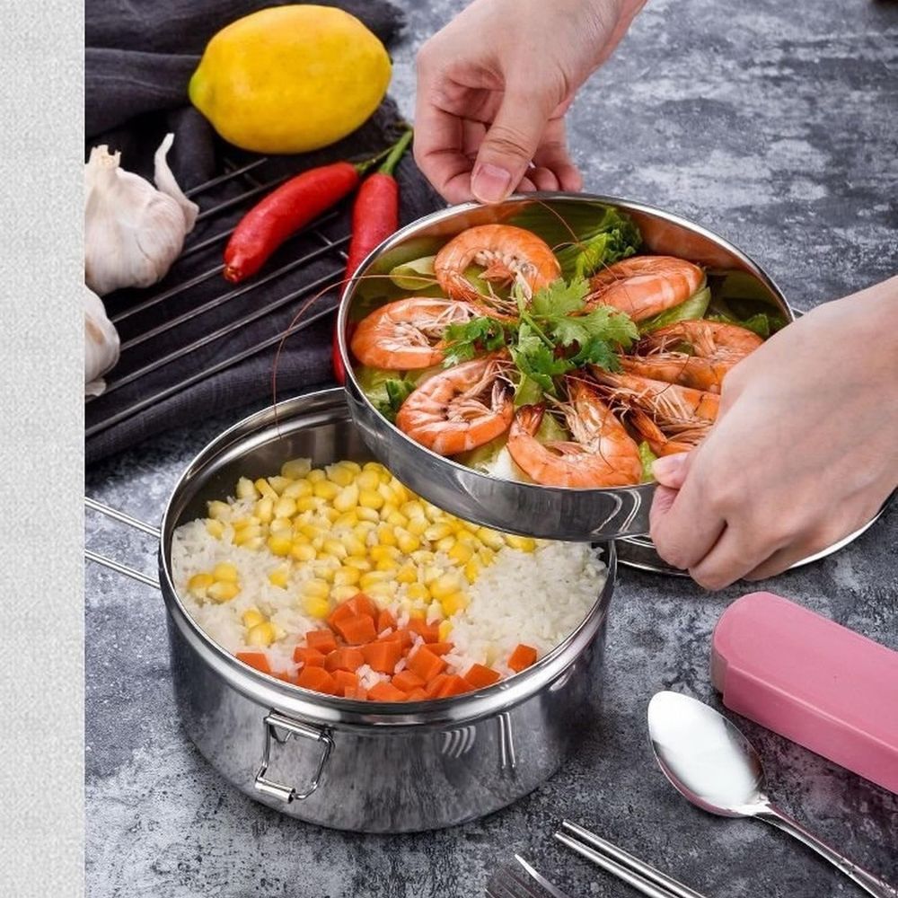Stainless Camping Bowls With Locking Lid Camping Cook Pot Folding Handle Round Lunch Box Stainless Camping Pot