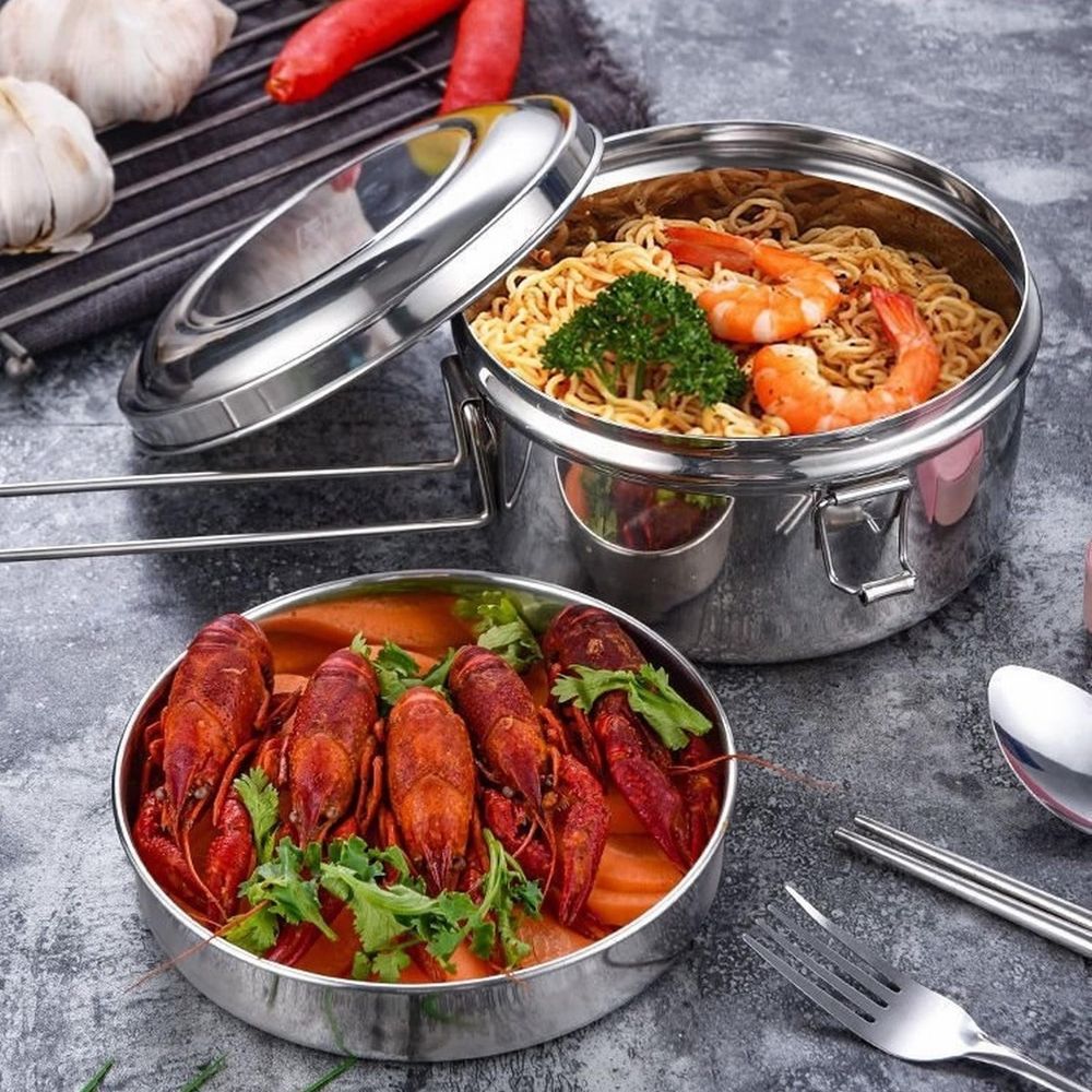 Stainless Camping Bowls With Locking Lid Camping Cook Pot Folding Handle Round Lunch Box Stainless Camping Pot