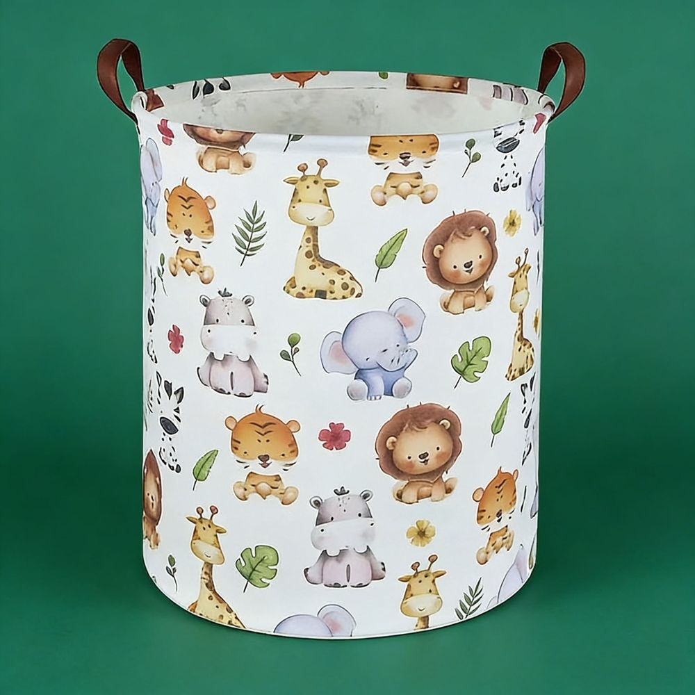 Waterproof Baby Laundry Basket with Safari Animals,Small Laundry Hamper for Kids,Woodland Nursery Decor Toy Organizer