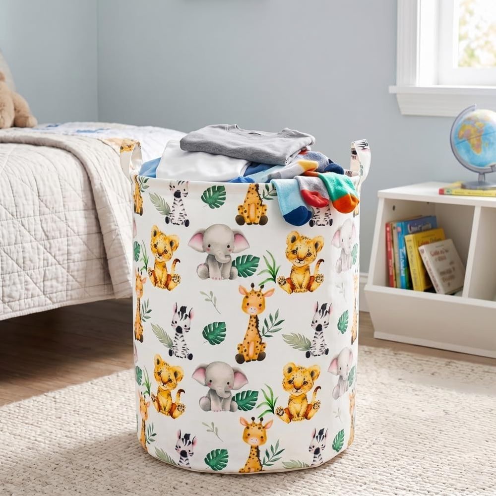 Waterproof Baby Laundry Basket with Safari Animals,Small Laundry Hamper for Kids,Woodland Nursery Decor Toy Organizer