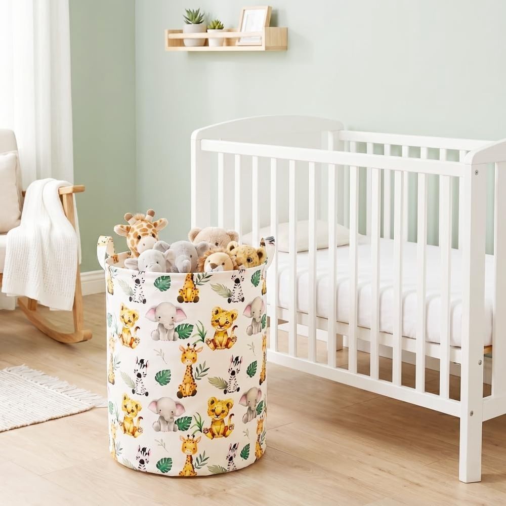 Waterproof Baby Laundry Basket with Safari Animals,Small Laundry Hamper for Kids,Woodland Nursery Decor Toy Organizer