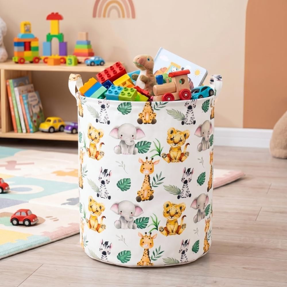 Waterproof Baby Laundry Basket with Safari Animals,Small Laundry Hamper for Kids,Woodland Nursery Decor Toy Organizer