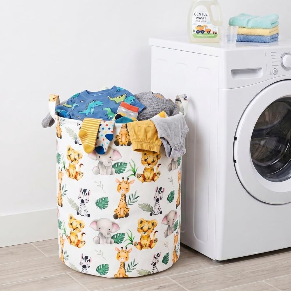 Waterproof Baby Laundry Basket with Safari Animals,Small Laundry Hamper for Kids,Woodland Nursery Decor Toy Organizer