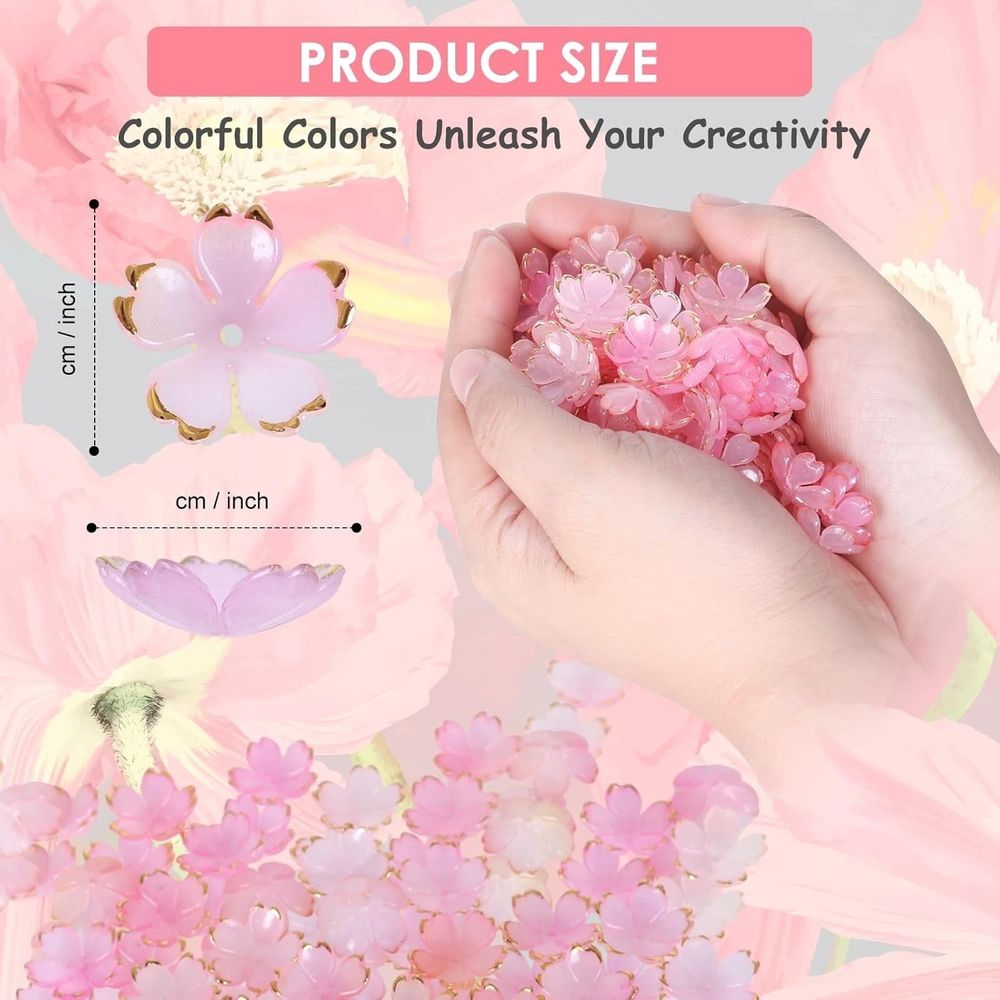 200Pcs Cherry Blossom Acrylic Flower Beads,Mini Floral Spacer Beads for Jewelry Making,5-Petal Gold-Plated Spacers Beads for Bracelets Necklaces Earrings Making(Flower Beads,Pink)