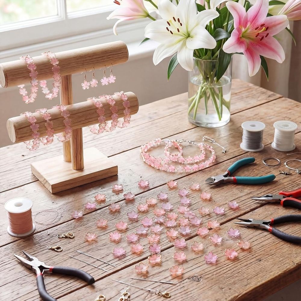 200Pcs Cherry Blossom Acrylic Flower Beads,Mini Floral Spacer Beads for Jewelry Making,5-Petal Gold-Plated Spacers Beads for Bracelets Necklaces Earrings Making(Flower Beads,Pink)