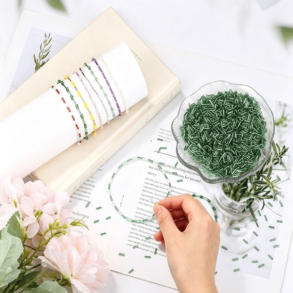 3000Pc Green Glass Bugle Beads,6Mm Green Tube Beads with 2Pc Beading Needles,0.8Mm Hole,Long Beads for Jewelry Making,Embroidery,Diy Craft Supplies Green Bugle Beads