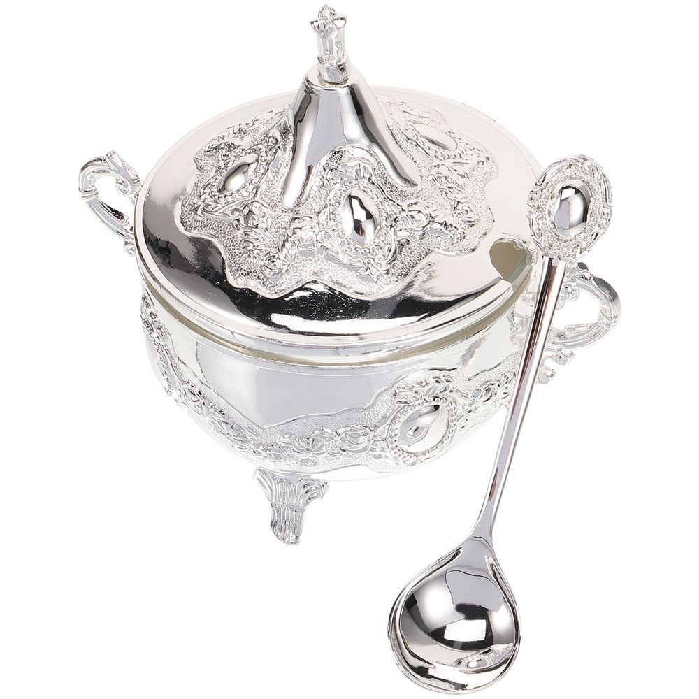Stylish Plated Silver Condiment Jar with Spoon for Salt, Sugar, and Spices