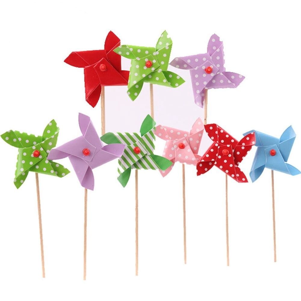 18pcs Assorted Color Cardboard and Wood Windmill Cupcake Toppers for Birthday Party Decorations and Celebrations