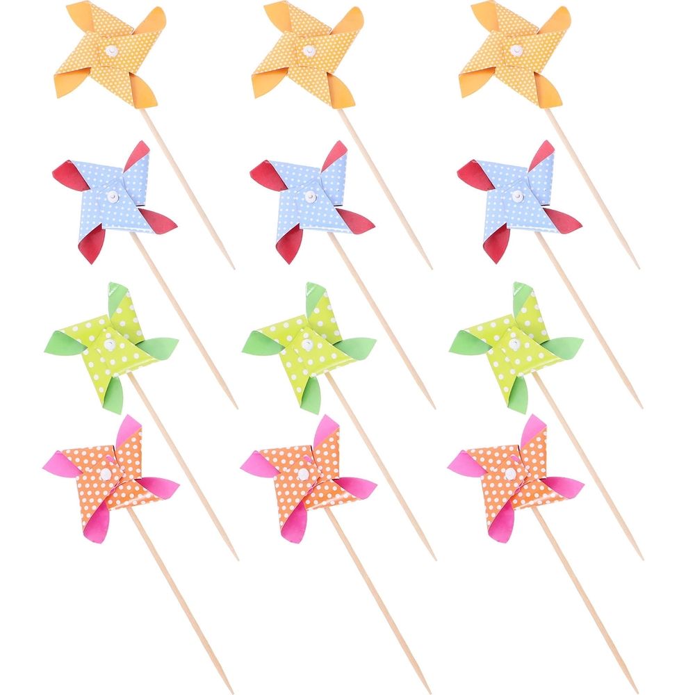 18pcs Assorted Color Cardboard and Wood Windmill Cupcake Toppers for Birthday Party Decorations and Celebrations
