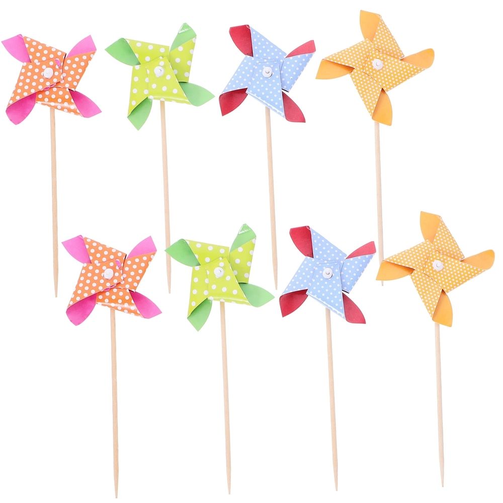 18pcs Assorted Color Cardboard and Wood Windmill Cupcake Toppers for Birthday Party Decorations and Celebrations