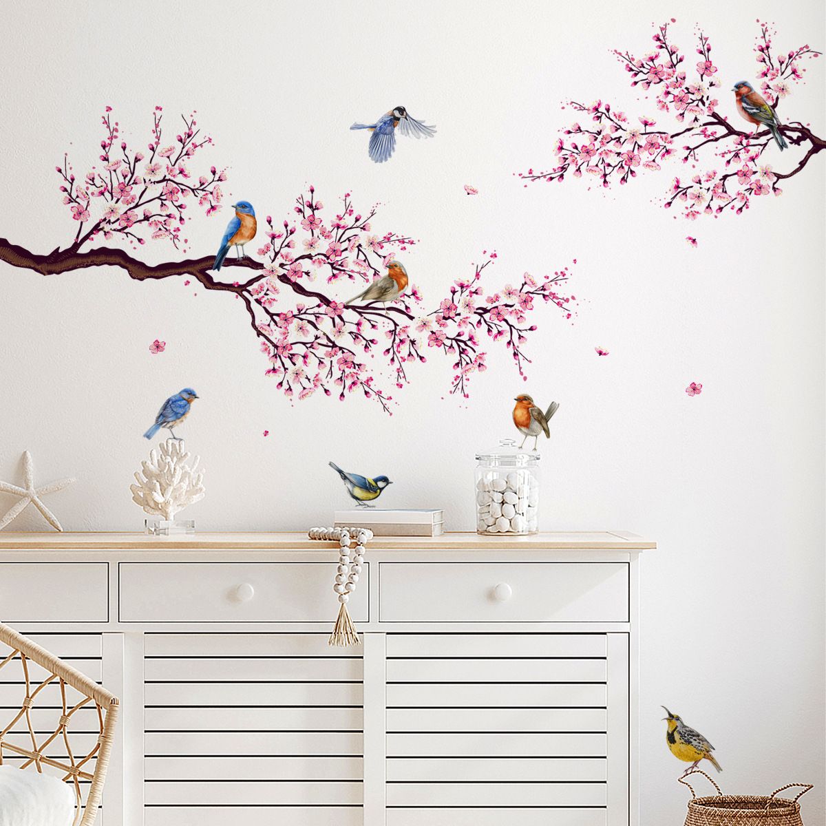Cherry Blossom Wall Art Decals Bird Branch Floral Wall Stickers for Living Room Girls Bedroom Nursery Wall Decor