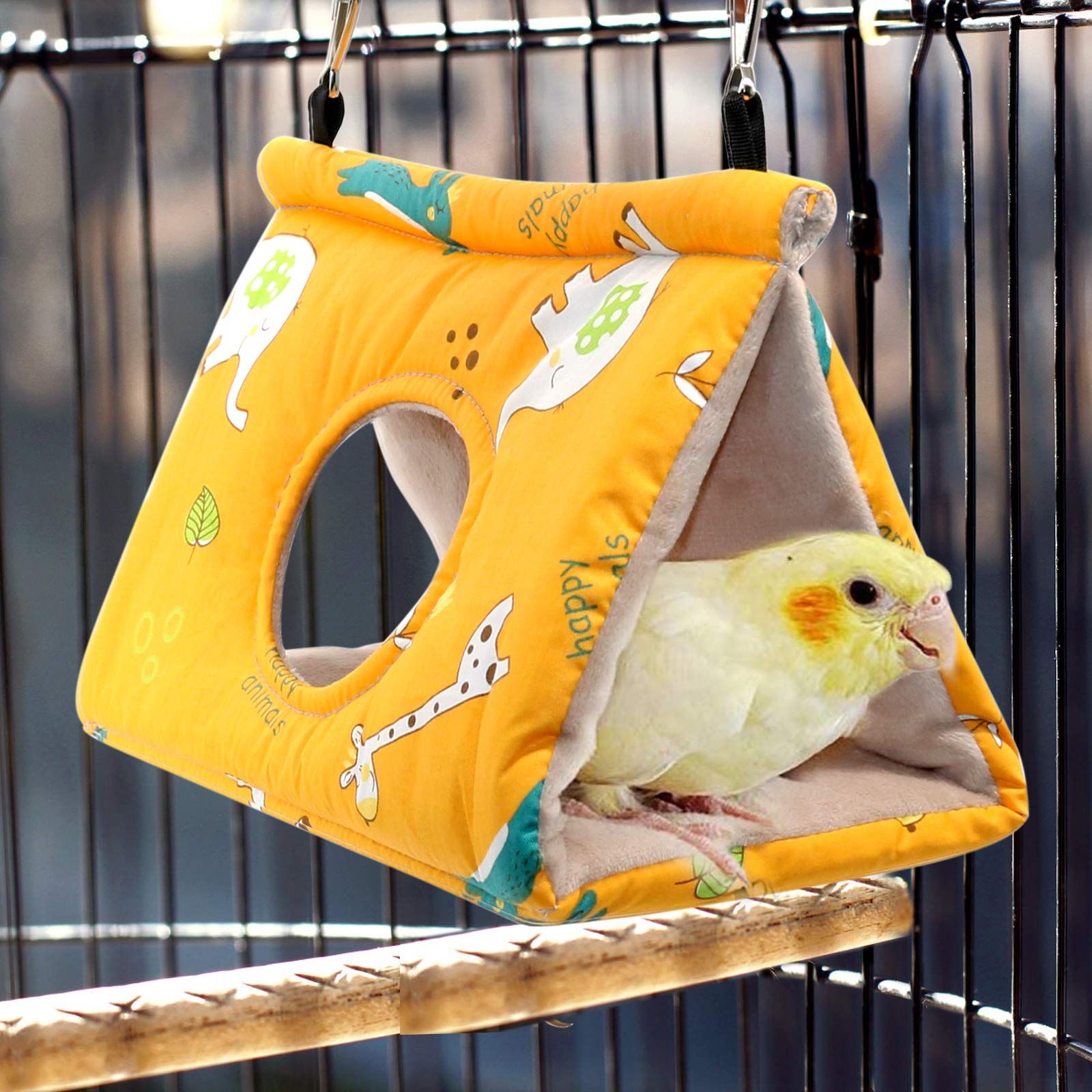 Winter Warm Bird Nest House - Hanging Hammock Velvet Shed Hut Cage Plush Fluffy Birds Hideaway Sleeping Bed Medium（Yellow）