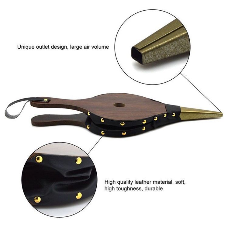 Wood Fireplace Bellows with Hanging Leather Strap, Brown Air Bellower for Outdoor BBQ and Camping 1pcs