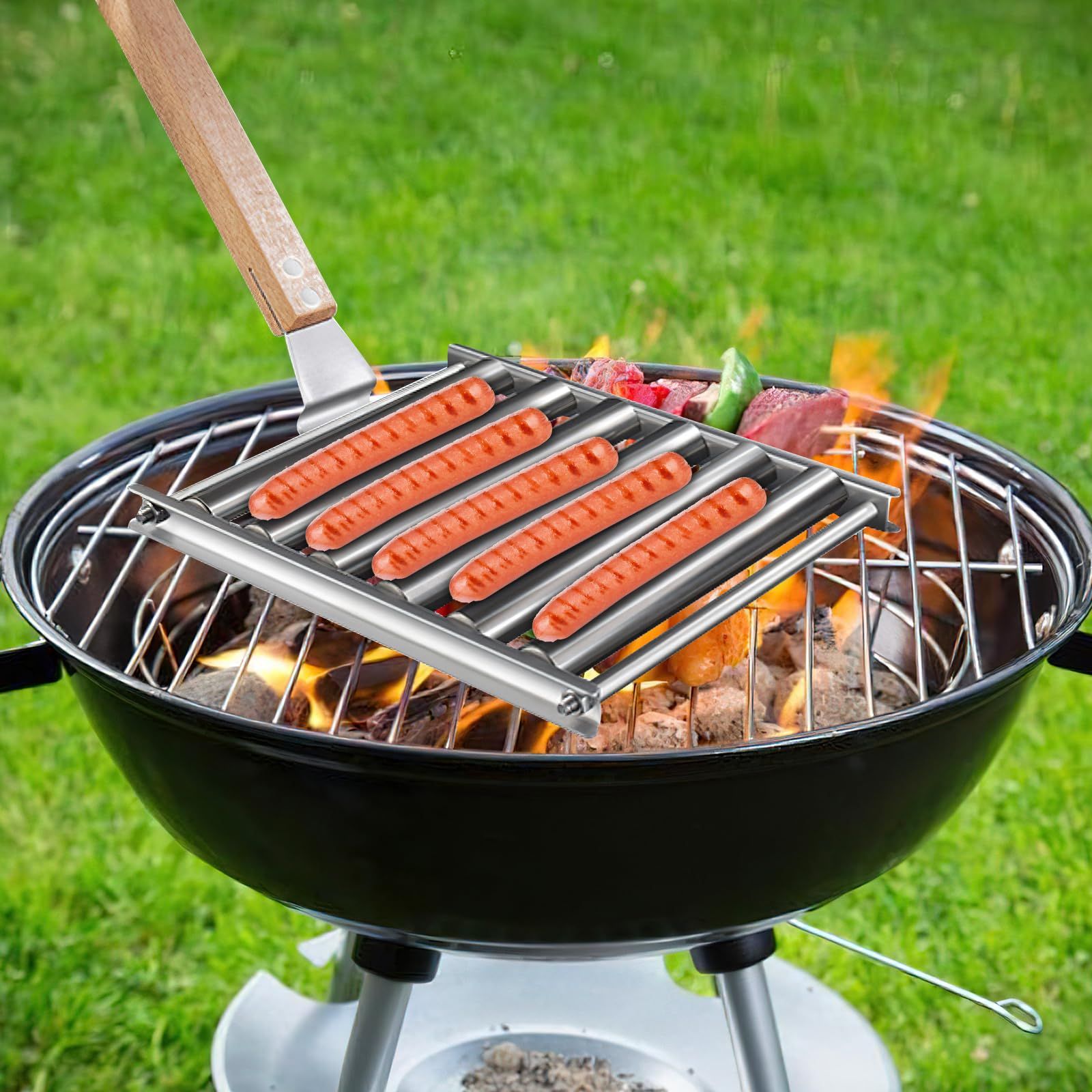 Hot Dog Roller for Girll,Hotdog Roller Grill Sausage Roller Stainless Steel Rack with Extra Long Wood Handle,5 Hot Dog Capacity