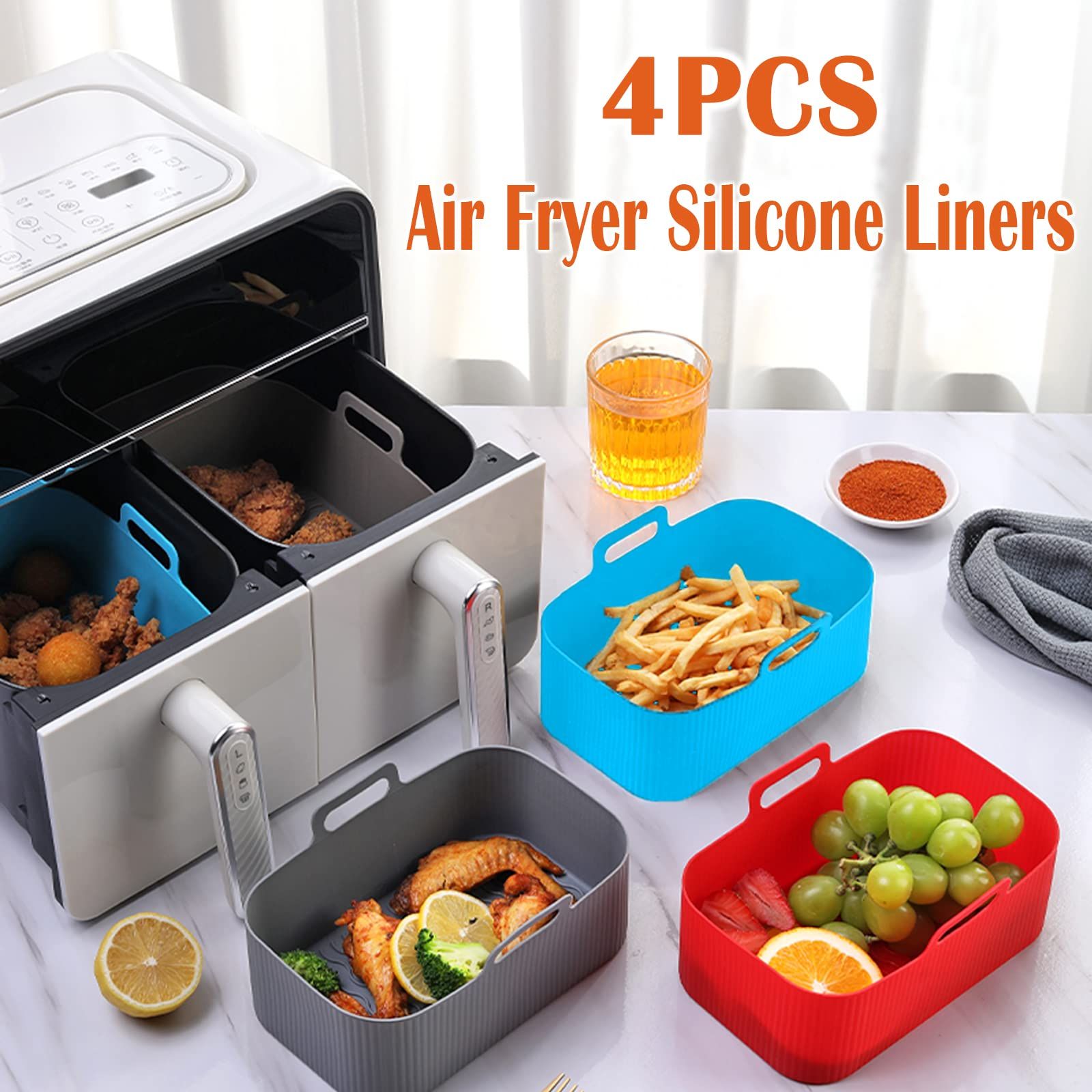 4PCS Air Fryer Silicone Liners,Dual Air Fryer Silicone Pot for 8 QT,Heat Resistant Rectangular Silicone Air Fryer Basket
