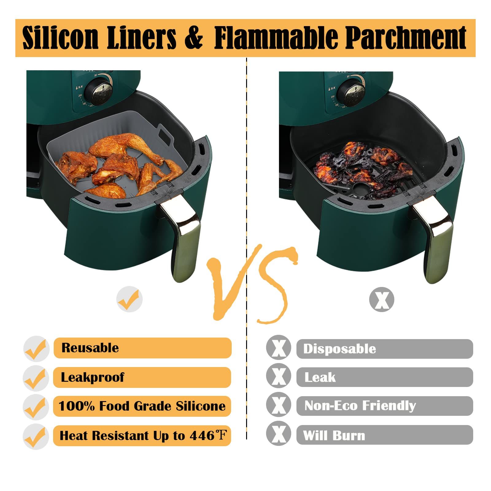 4Pcs 9 inch Air Fryer Silicone Liners, Square Air Fryer Liner for 6-9 QT Air Fryer,Reusable Large Air Fryer Insert Silicone