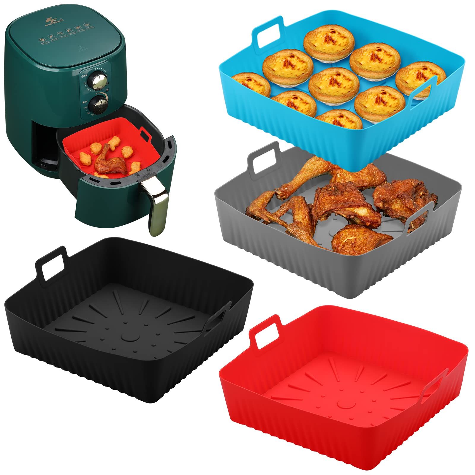 4Pcs 9 inch Air Fryer Silicone Liners, Square Air Fryer Liner for 6-9 QT Air Fryer,Reusable Large Air Fryer Insert Silicone