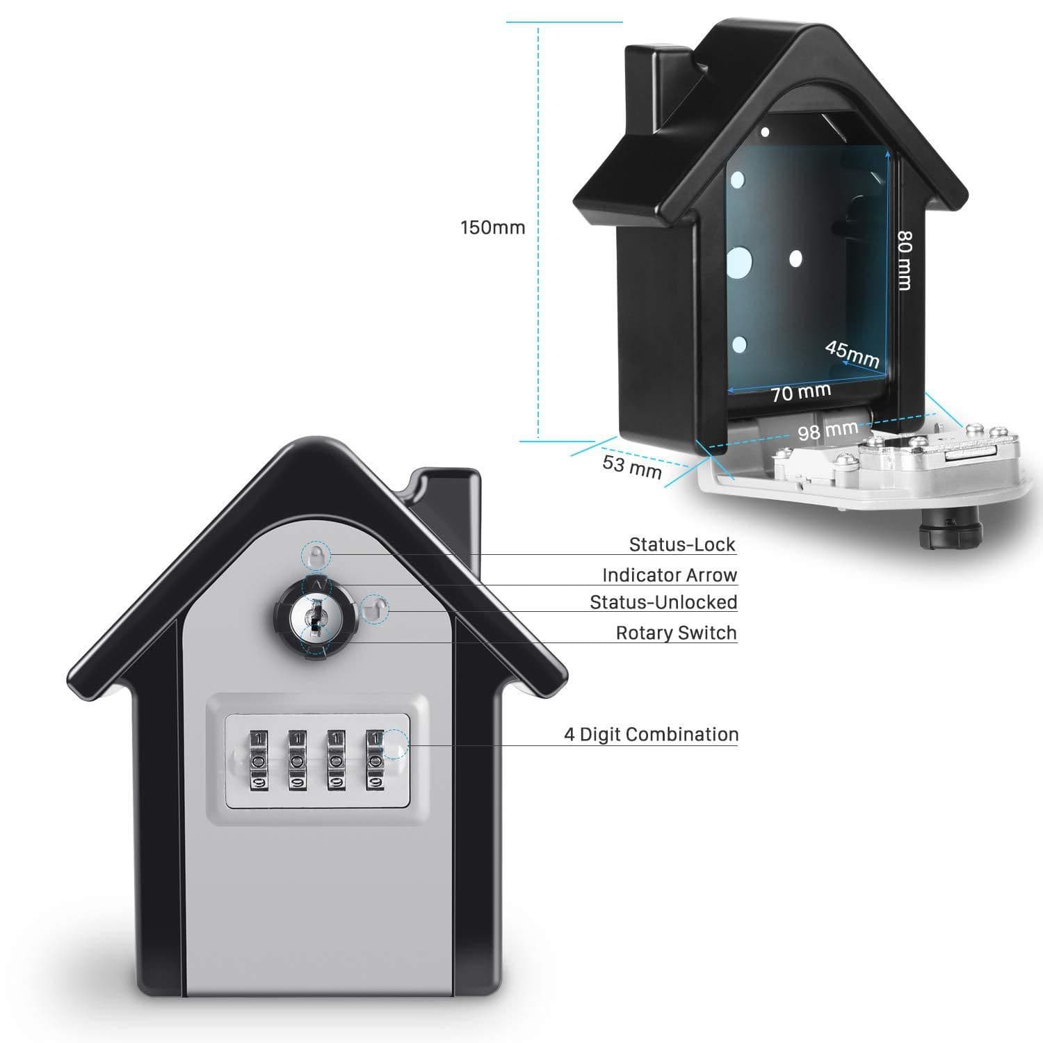 Key Lock Box Wall Mount 4-Digit Combination Key Safe Lock Box for Outside Zinc Alloy Heavy Duty Weatherproof