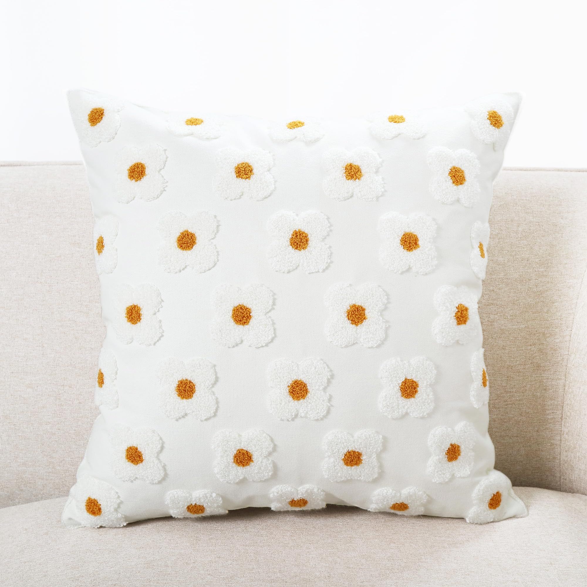 Embroidery Throw Pillow Cover 18x18 Beige Floral Design Home Decor Loop Embroidered Pillow Case Thick Cotton 45x45cm, 2 Piece
