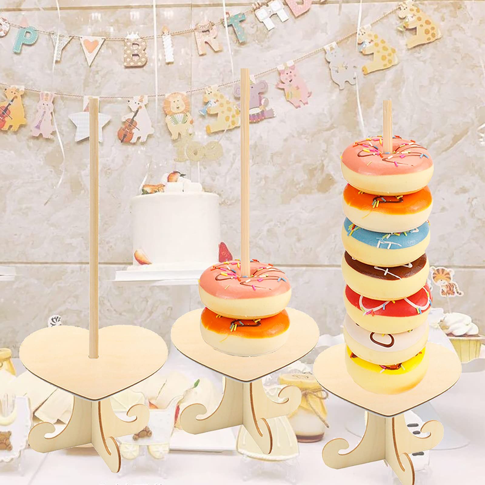 Wooden Donut Display Doughnuts Stands Wood Donut Stand Holder for Birthday Wedding Party Cake Decor 3Pack Heart
