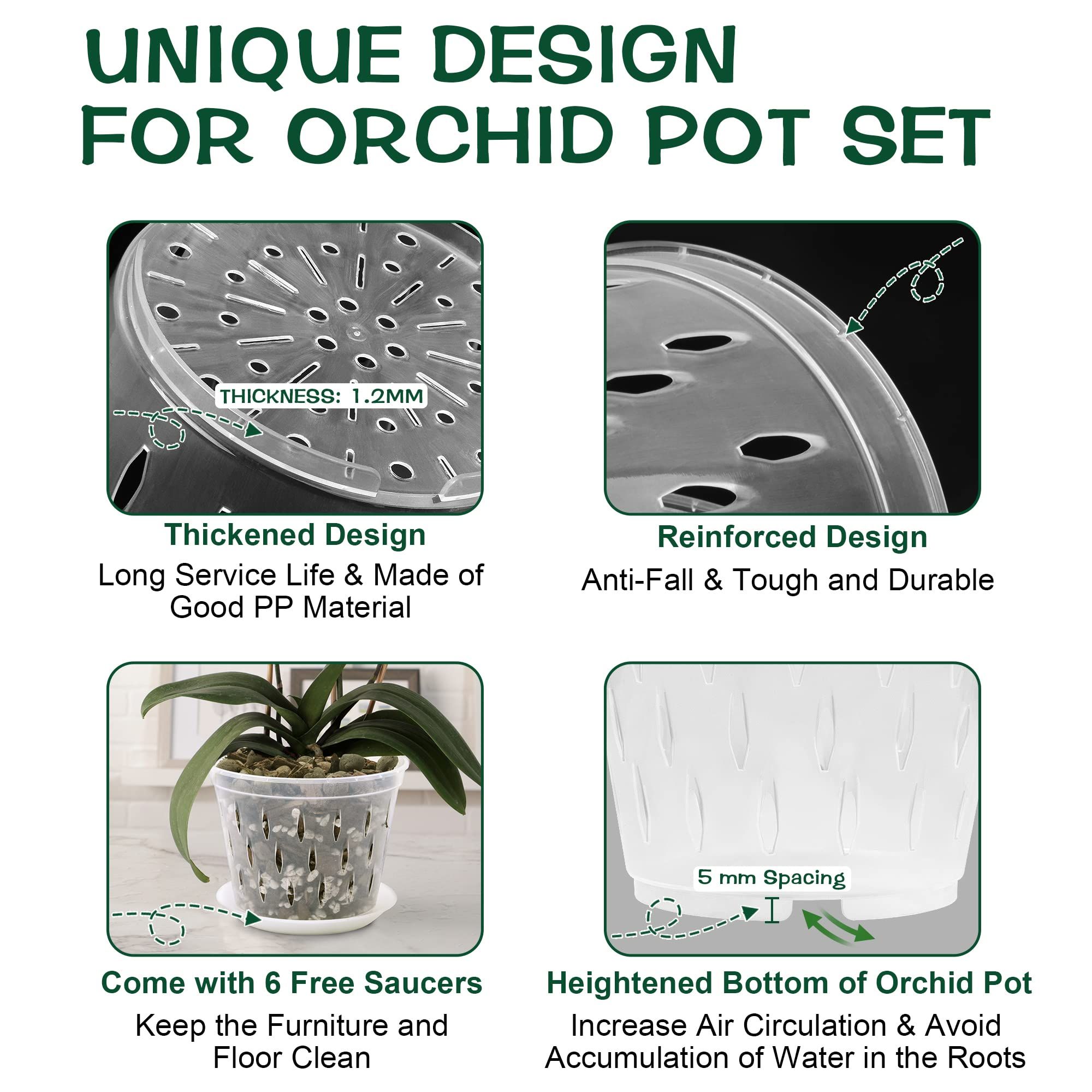 Orchid Pot, 5 Inch 6 Pack Orchid Pots with Holes and Saucers, Clear Plastic Orchid Pots Ultra Cost-effective Orchid Pot Kit