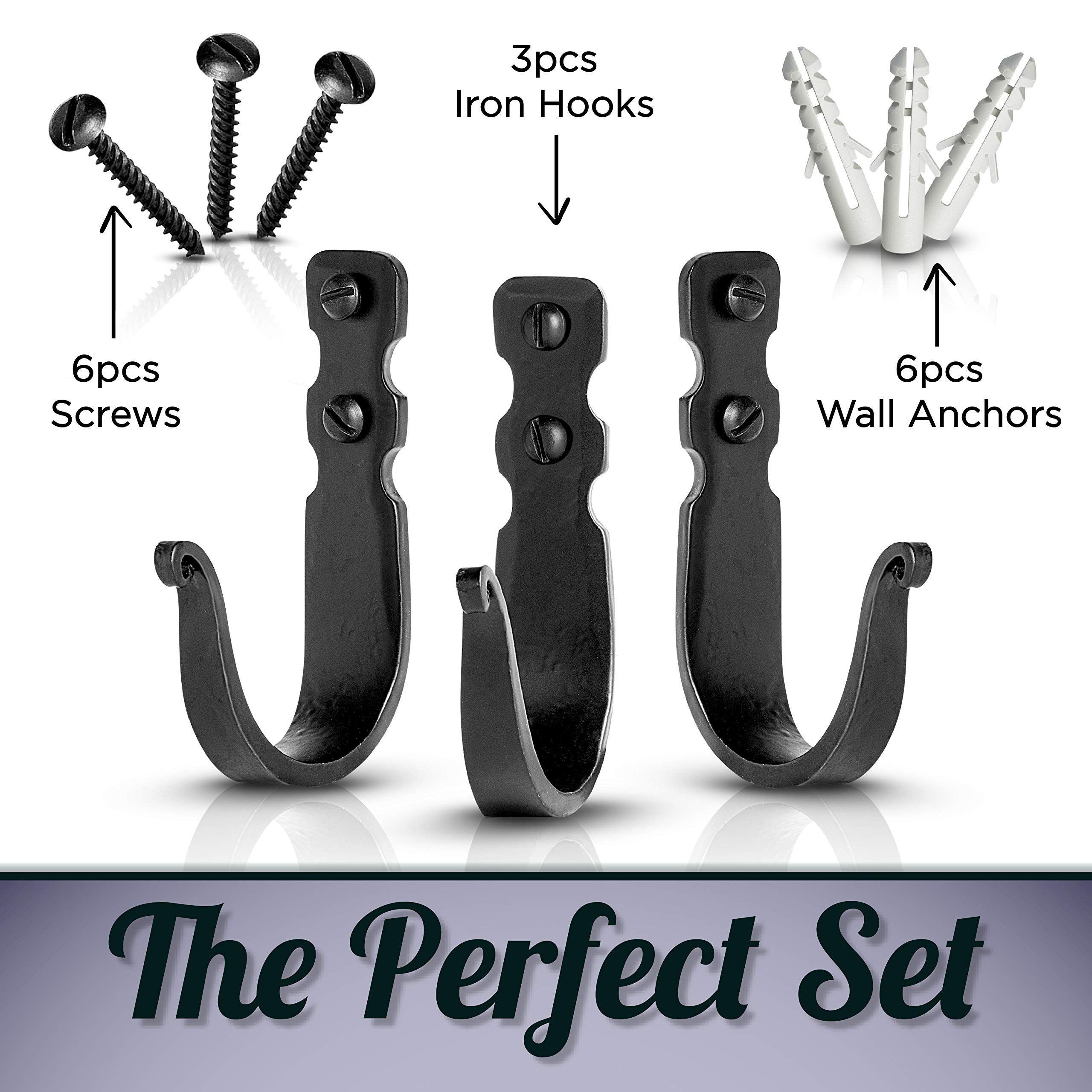 Decorative Hooks for Wall-Wall Hooks for Hanging Coats, Hats & Bags, Rustic Towel Hooks for Bathrooms or Kitchen- Pack of 3, Black