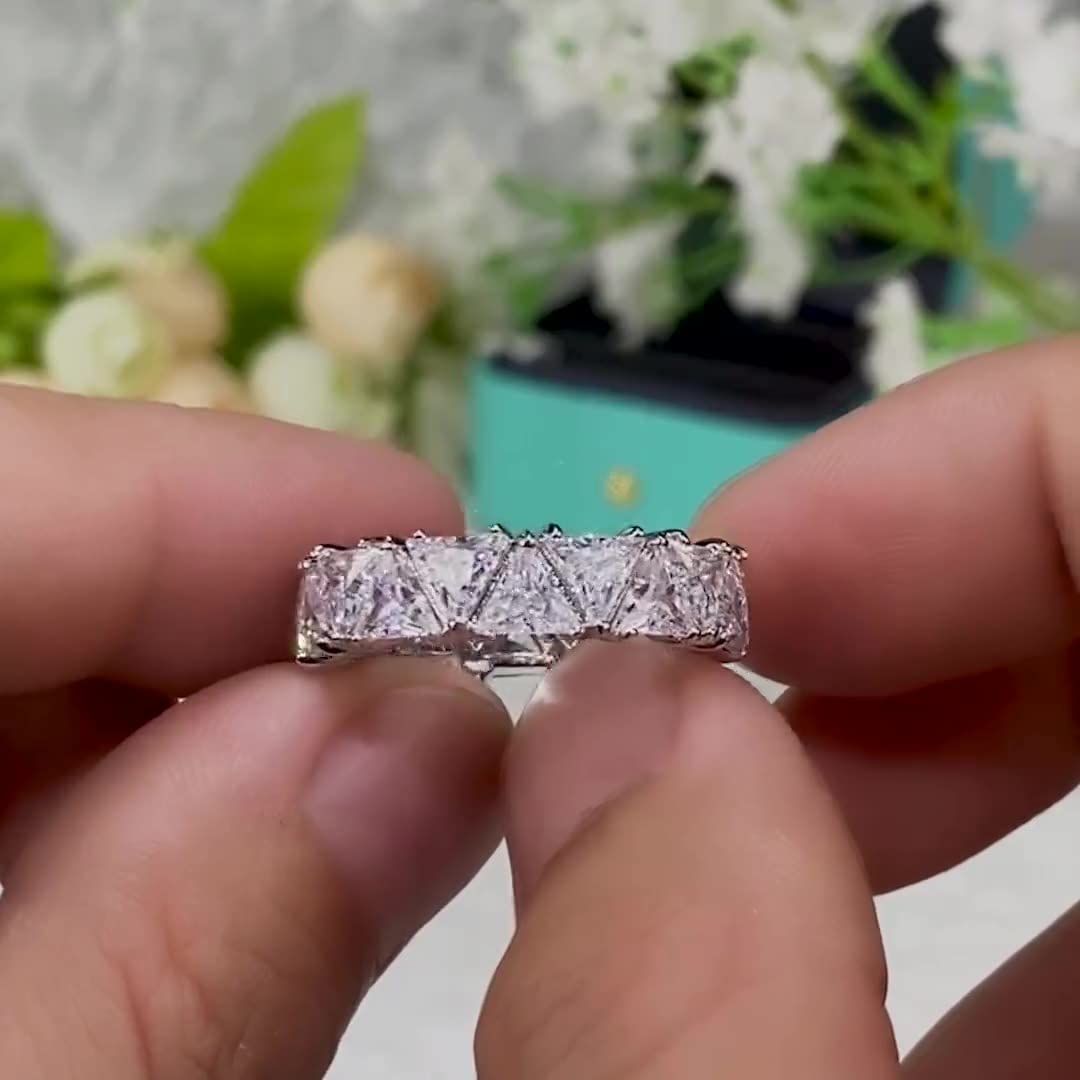 White Plated Row Emerald Cut Triangle Shape Wedding Diamond Band Rings Eternity Ring Wedding Bands (8)