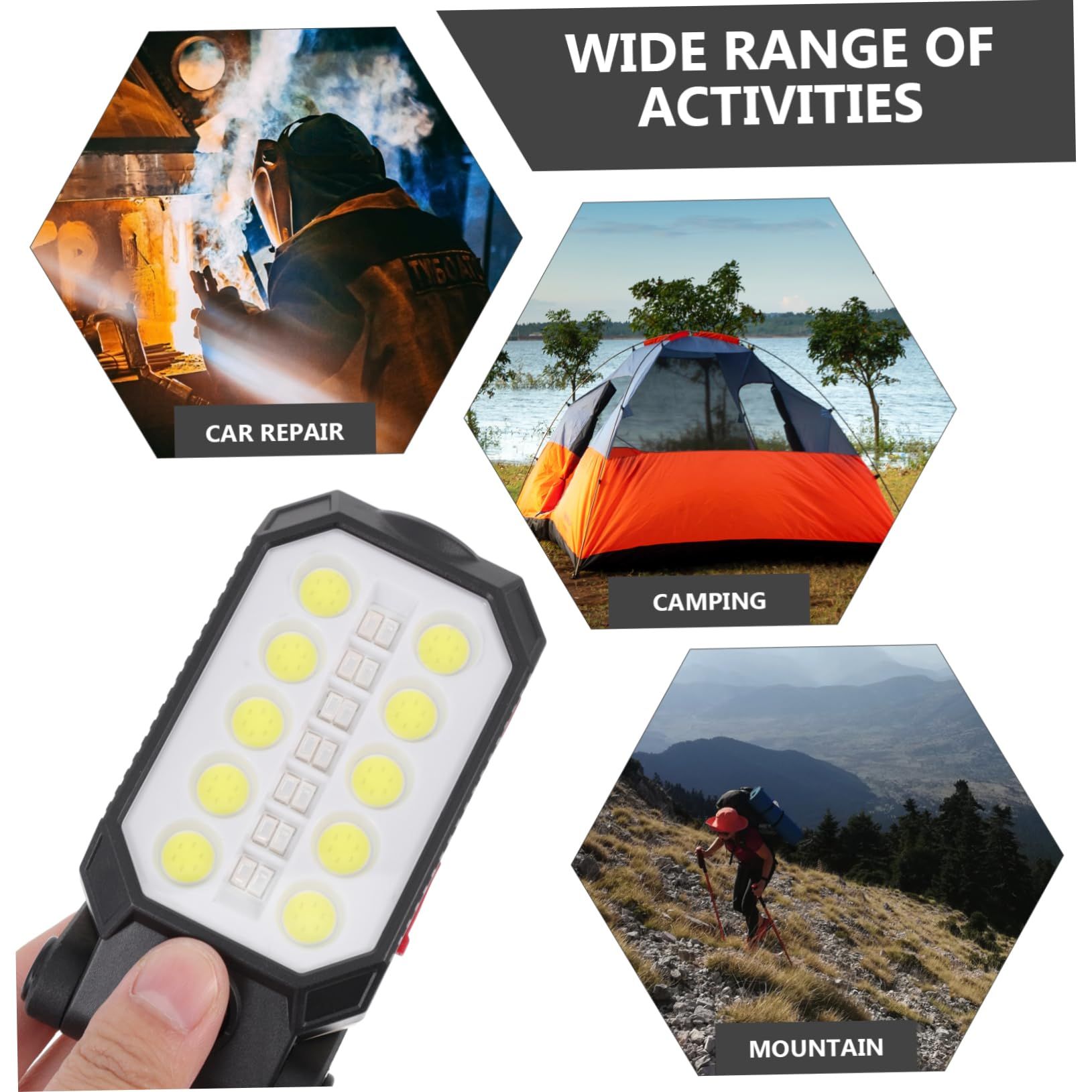 Magnetic Rechargeable Portable Work LED Light with Hanging Hook Battery indicator Strong Magnet LumensModes